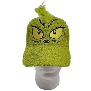 Dr Suess FUZZY The Grinch Hat Adjustable Cap Yellow Green Fuzzy NWT
